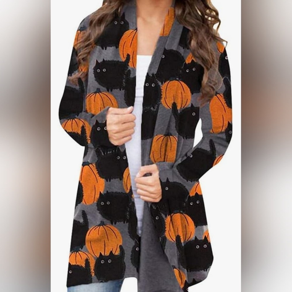 Black Cat & Pumpkin Open Front Cardigan 3XL